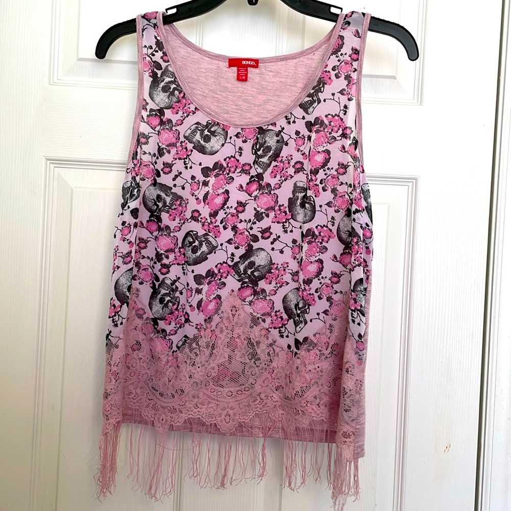 BONGO 100% polyester top, pink, sleeveless fringe size large